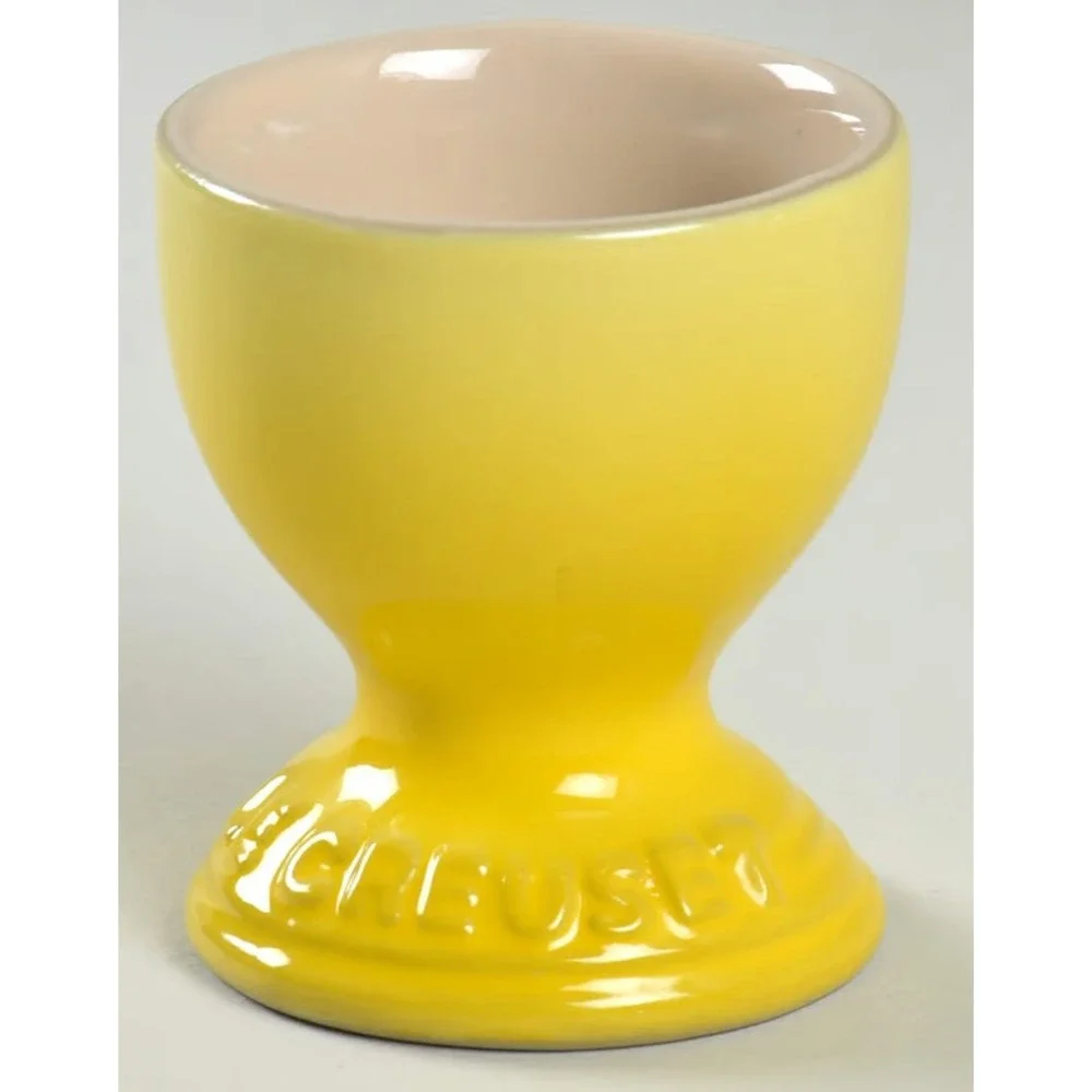 Le Creuset Stoneware Footed Egg Cups Set of 2 Yellow Soleil Ombre Logo NEW